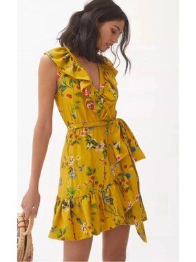 NWT Maeve Anthropologie Gold Yellow Floral Ruffle Wrap Dress Size XS